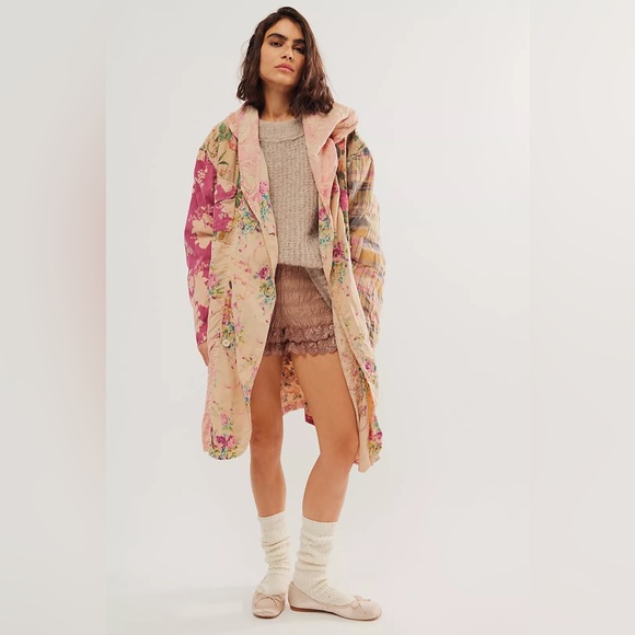 Magnolia Pearl Floral Patchwork Siyah Double Breasted Coat Jacket Abilene - Picture 3 of 14